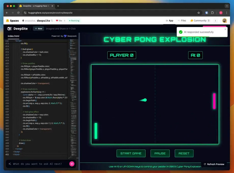 完全無料のヴァイブコーディングAI「DeepSite」誕生。アイデアを文章入力→ブラウザ上でゲームが数分で生成、プレイ可能(生成AIクローズアップ) 画像