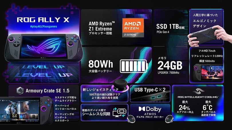 ASUSの新型ポータブルゲーミングPC「ROG Ally X」の国内発売は夏以降に決定。バッテリーとストレージ容量が2倍しメモリは24GBに増量。冷却システムも改良