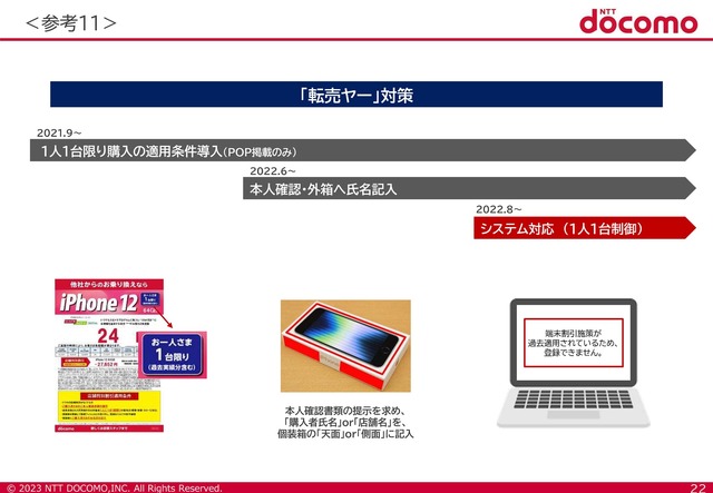 ▲本体価格の割引は違法にはならなかったが、転売ヤーの餌食に。有識者会議でも問題視され、各社があの手この手で対策を講じた。画像はドコモの資料