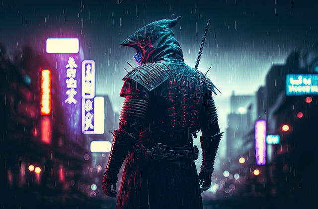 Looking samurai and street with blurred neon lights at night on background. Postproducted generative AI digital illustration.