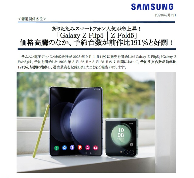 ▲サムスン電子ジャパンは、9月7日にGalaxy Z Fold5/Flip5の事前予約が昨対で191%になったことを明かした